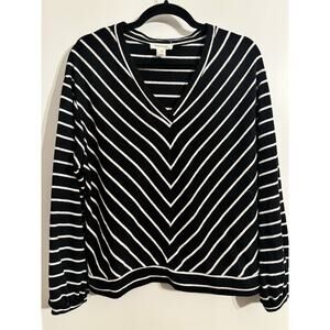 Monteau Striped V Neck sweater Black Sz XL preppy Dark Academia Old Money